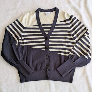 Chico's Navy & Ivory Asymmetrical Stripe V-Neck Cardigan Sweater Size XS